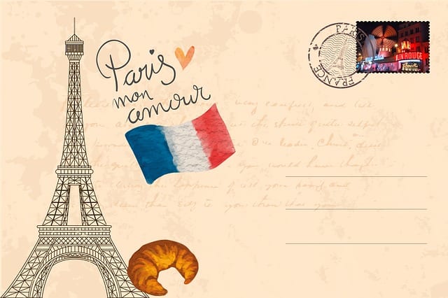 This postcard represents favorite elements the world loves about Paris, France.