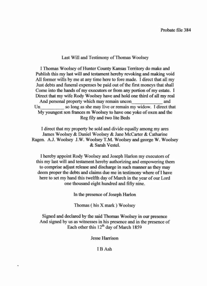 The will is witnessed by Rhoda's son, Jesse Harrison. It leaves 1/3 of his estate to Rody and the rest to his children named in the will.