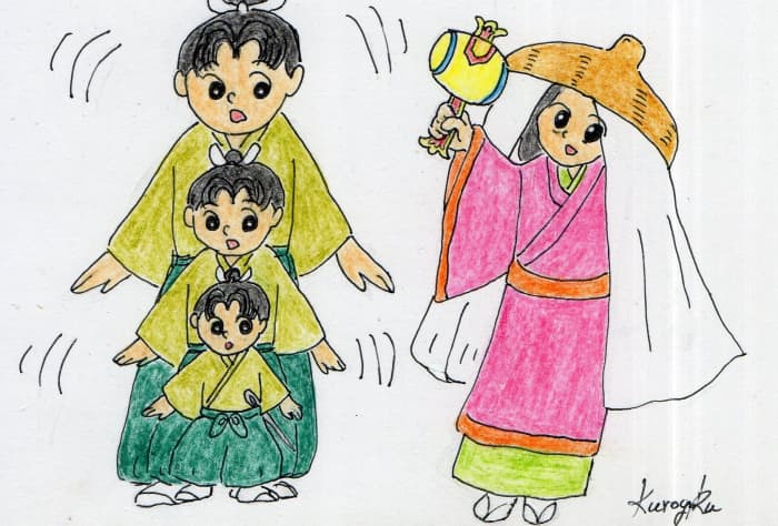 Ohimesama (lord's daughter) shakes the uchide no kazuchi (magic mallet) and Issun-boshi grows.