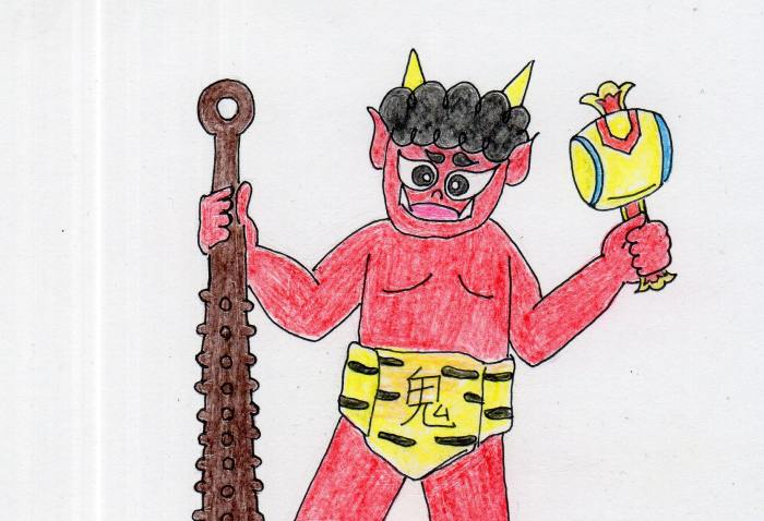 The oni is a demon that commonly appears in Japanese folktales. This one bears an uchide no kozuchi - a magic mallet.