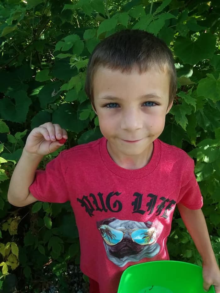 Lucas with a raspberry and his eyes are the same color of the blueberries almost purple.