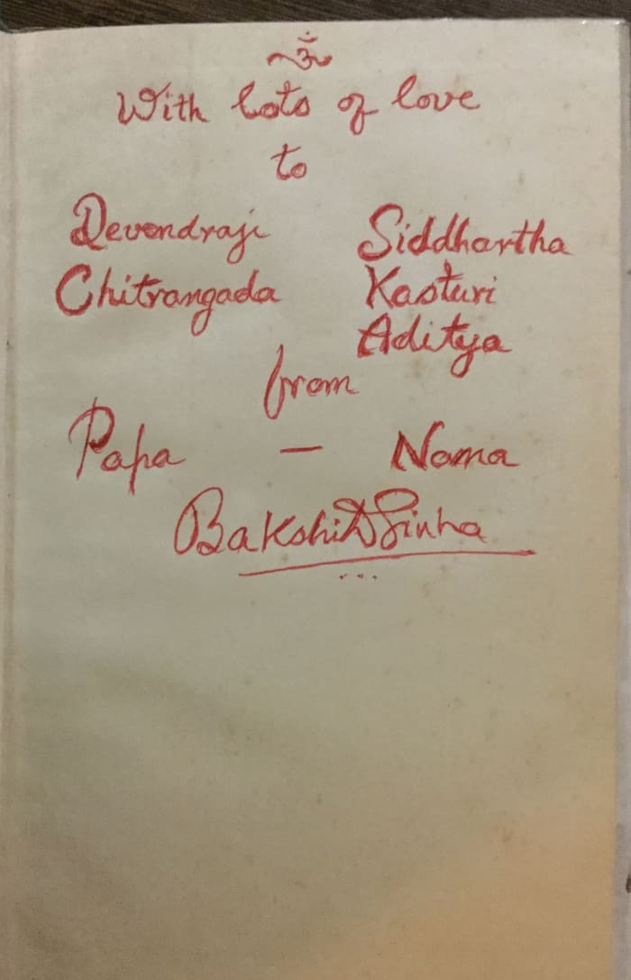My father used to present a copy of his published books to us, his children. This one is in his own handwriting. Golden Memories.
