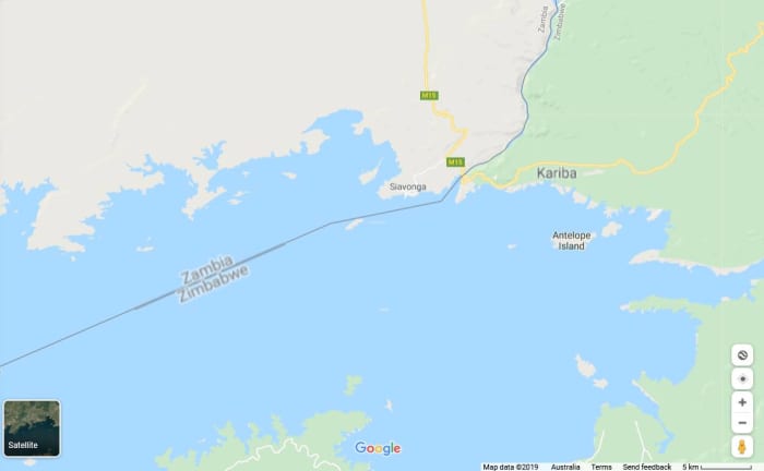 The Zambezi River, including Lake Kariba, forms part of the border between Zambia and Zimbabwe