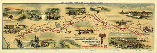 Illustrated Map of Pony Express Route in 1860 by William Henry Jackson ~ Courtesy the Library of Congress ~ The Pony Express mail route, April 3, 1860 – October 24, 1860