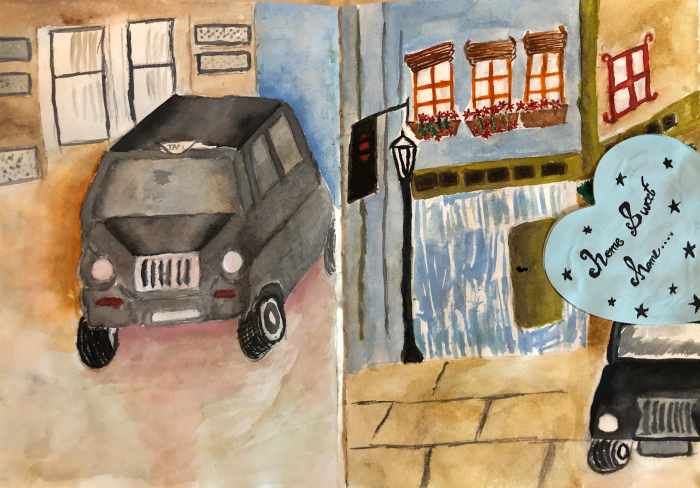 I took a black cab home without any money. On the left is a sketch of a black cab that I got into. On the right is a sketch of a cab taking me to my destination.