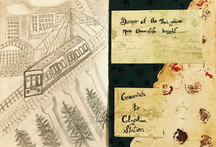 After dinner, I went to the tube station and realised my travel card was not topped up. On the left is a sketch of the tube station. On the right is a picture of vintage scrapbooking where I have coin impressions, and writings on vintage paper.
