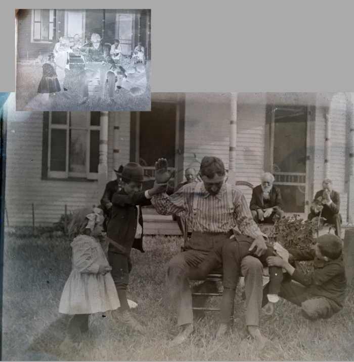 "Spanking." Friedrich Vollmar is the old man with white hair in the back. I will assume the man doing the spanking is William, while the other two older men in the back are George and Jakob.