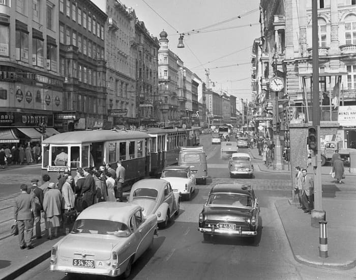 Mid-Sixties Mariahilferstrasse, home to huge (by most standards at the time) department stores Herzmansky and Gerngross. I sold newspapers on the street corner outside Gerngross' store, received an early form of 'toastie' sandwich from demonstrators