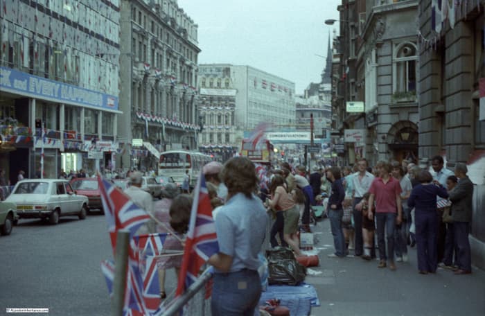 Fleet Street, July 1981, final preparations for the royal wedding of Prince Charles to Lady Diana Spencer being made. My own wedding reception was nearby at Paternoster Square in August The Telegraph was across the street behind the photographer.