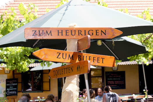 Vienna isn't Vienna without 'Heurigen'. Locals quaff locally harvested wines - red or white (and the new wine, like drinking paint remover!) The signpost points to the winery, the buffet - not forgetting the toilets. Get to know the Viennese here