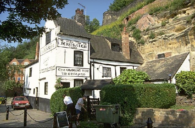 England's oldest pub, Ye Old Trip To Jerusalem below the castle walls. You could stand with your back to the cliff wall and look up the chimney to the blue sky above. This was built at the time there was only a 'burh' called 'Snotingaham' (see text)