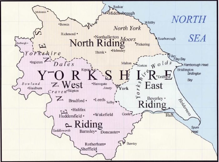The Yorkshire Ridings, based on the 'Thrijungar', the three areas of local authority established in the 9th Century by Halvdan Ragnarsson