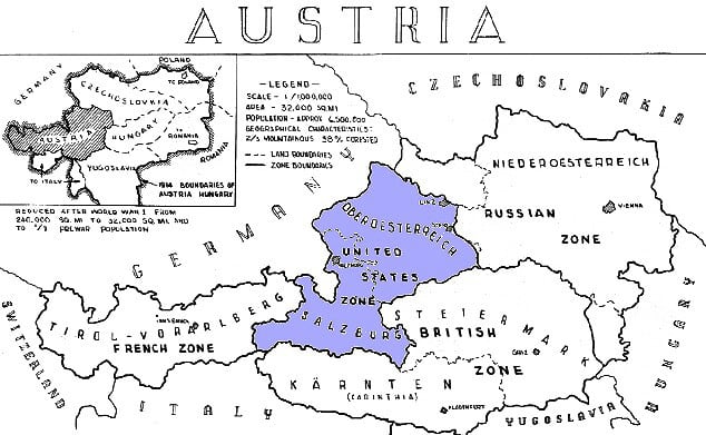 Military occupation zones in a newly recreated Austria after it ceased to exist in 1938 during Anschluss. The blue area is Salzburg and Upper Austria in the US Zone, south of that the British Zone, Carinthia and western Styria.(Klagenfurt and Graz).