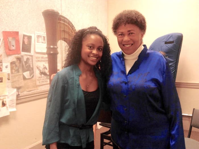 Angelica poses with her idol, Harpist Extraodinaire Ann Hobson Pilot, retired from the Boston Symphony Orchestra.