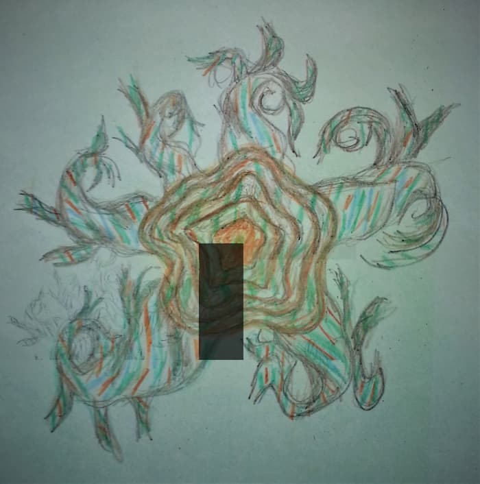 My "Roots Cross Section" drawing from our 2014 annual "TutSabbat" January Moon Circle, showing a view of my Symbolic Tree roots looking down into the inside, rather than from the side