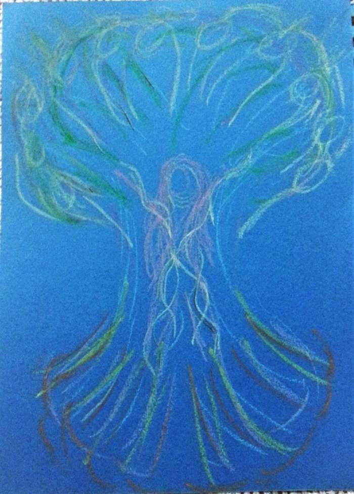 My first drawing from our 2012 "TutSabbat" annual January Moon circle as an homage to the "Sacred Eden Tree" card from my "Heart and Soul Angel Cards" deck
