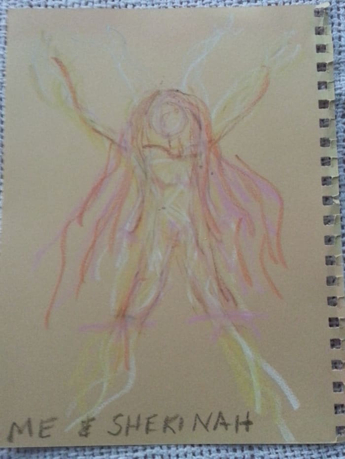 My second drawing from our 2012 "TutSabbat" annual January Moon circle showing my kinship with Shekinah living in the trunk of my "Sacred Eden Tree"