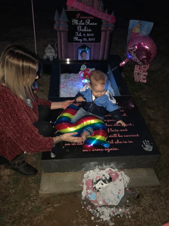 Our daughter’s 5th birthday celebration. This is me and her little brother-our rainbow baby-at her resting place.