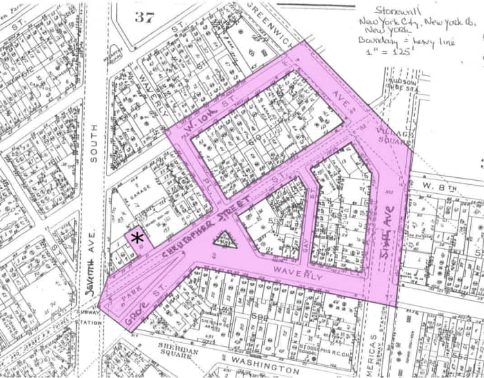 The highlighted portion of this map shows the Greenwich Village area where the Stonewall uprising took place. The location of the Stonewall Inn is marked with an asterisk.