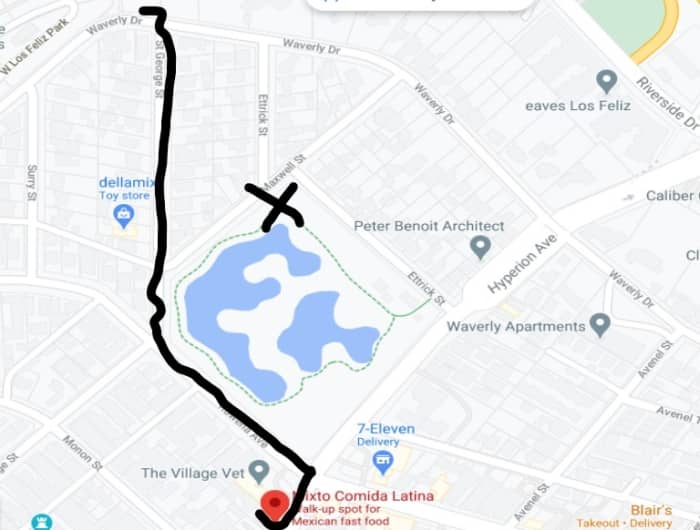 The route Frank took from his house to the hamburger stand (bottom of picture). The original building still stands. The "X" marks the area where Tex threw the bayonet and clothes into the Rowena Reservoir.