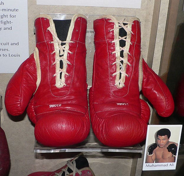 Muhammad Ali's boxing gloves. Ali is perhaps the most famous and charismatic boxer ever. The only three-time lineal World Heavyweight Champion, he was diagnosed with Parkinson's syndrome in 1984, a disease associated with head trauma and boxing.