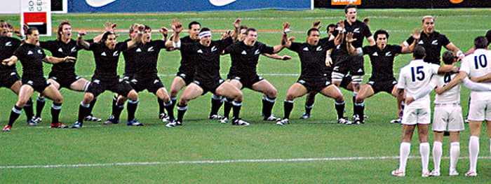 The All Blacks perform the haka war dance before a match against France in 2006. New Zealand - as so often - won the match. The score was 23:11