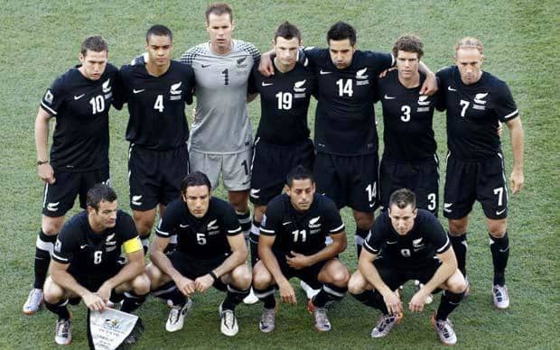 New Zealand's staring lineup against Paraguay in Polokwane, South Africa. Top row: Chris Killen, Winston Reid, Mark Paston, Tommy Smith, Rory Fallon, Tony Lochhead, Simon Elliott; bottom row: Ryan Nelsen (C), Ivan Vicelich, Leo Bertos and Shane Smelt