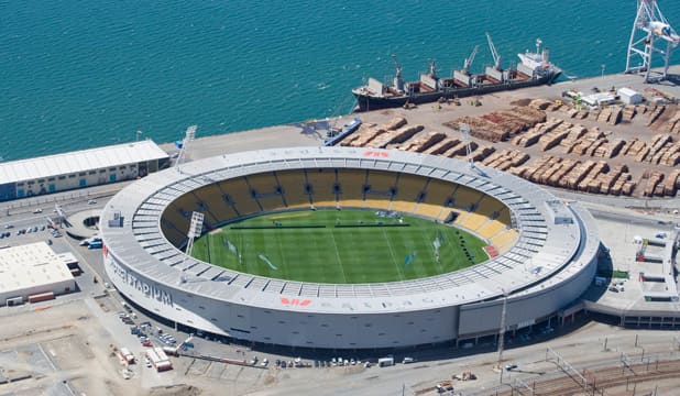 Known by locals as the "Cake Tin," Westpac Stadium in Wellington, New Zealand hosted New Zealand's 2010 World Cup qualification play-off against Bahrain on November 14, 2009.
