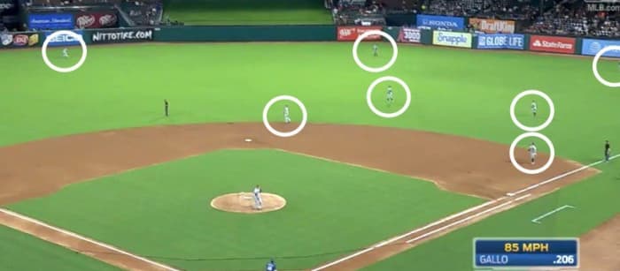 A view of the infamous Joey Gallo Shift that teams employ against the extreme pull hitter. This league's rules would allow shifting, but not allow shifts this drastic.
