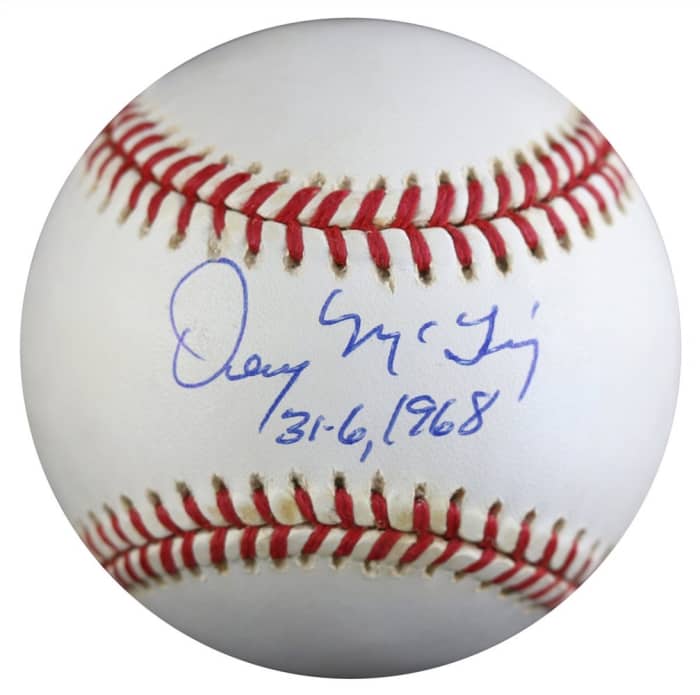 Detroit Tigers pitcher Denny McLain's autograph, in commemoration of the 1968 season: 31 wins and 6 losses.