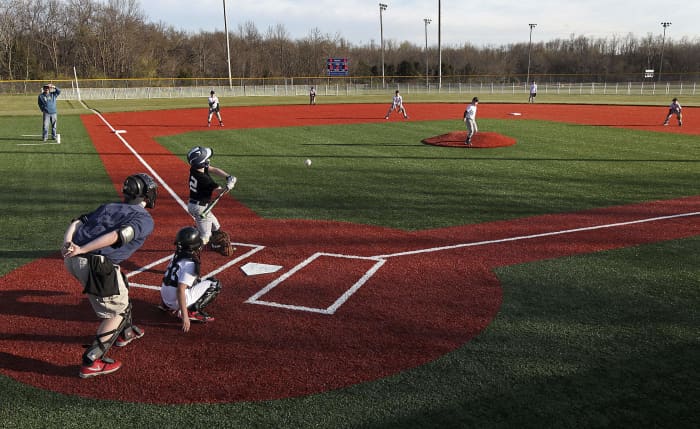 This Little League field has a distance from the pitcher to the hitter of 46 feet, and a temporary home run fence has been placed at 200 feet.