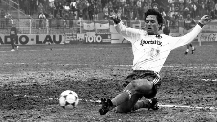 One of SV Darmstadt 98's notable players was Bruno Labbadia, seen here during a 2. Bundesliga match at Hertha Berlin SC on Nov. 17, 1984. Labbadia scored 44 goals for the club and would also coach the club between 2003 and 2006.