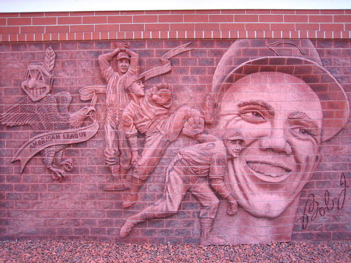 Wall sculpture at the Bob Feller Museum in Van Meter, Iowa. Feller threw an Opening Day no-hitter on his way to the 1940 Al Triple Crown.