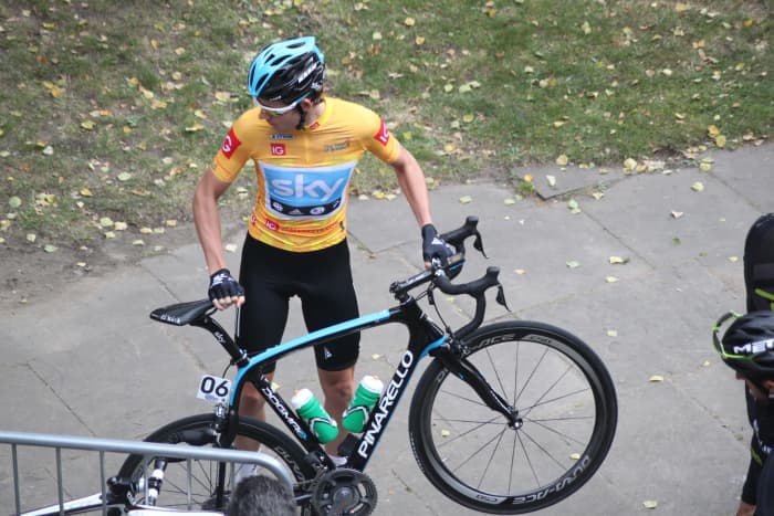 Team Sky's Luke Rowe at the Tour of Britain 2012 with a Pinarello Dogma like the one used by Bradley Wiggins in his Tour De France win. Equipped with Di2 Dura-Ace