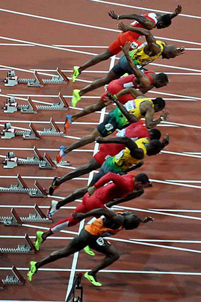 The start of the men's 100 metres final, arguably the most anticipated event of the 2012 Olympics, was won by Jamaican athlete Usain Bolt.