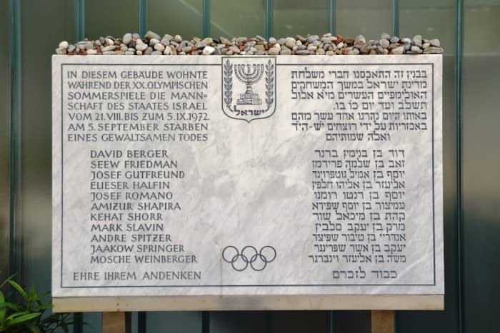 A plaque commemorating the victims of the Munich massacre, 1972.