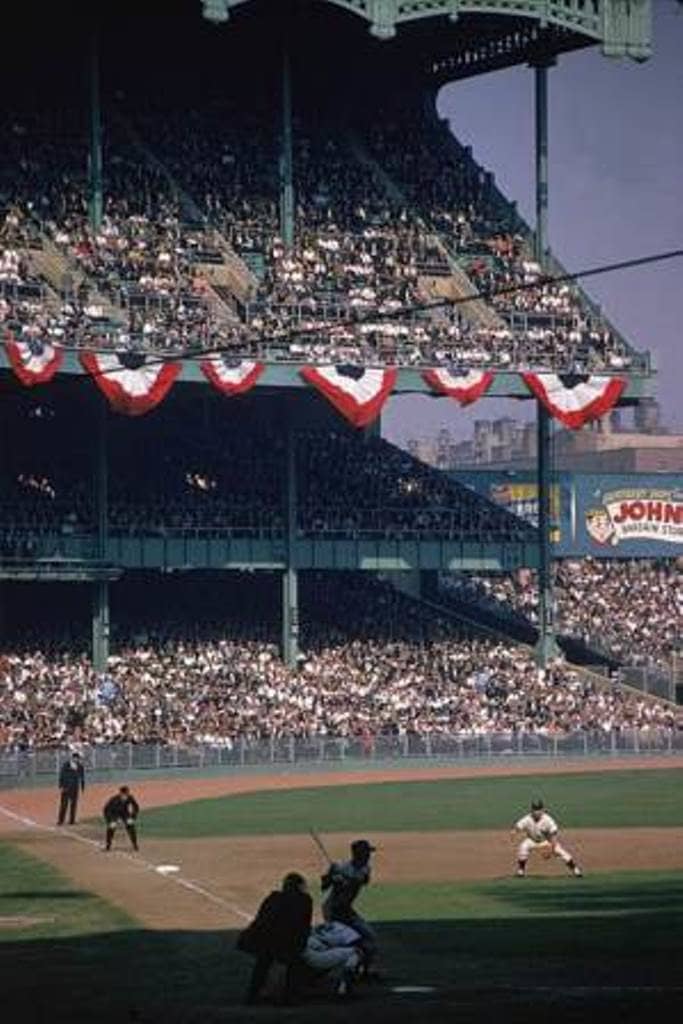 Game 1: Maury Wills leads off against Whitey Ford. Note 3B Clete Boyer is on the edge of the grass and the left fielder, Tom Tresh, is playing the gap. (not in the frame).