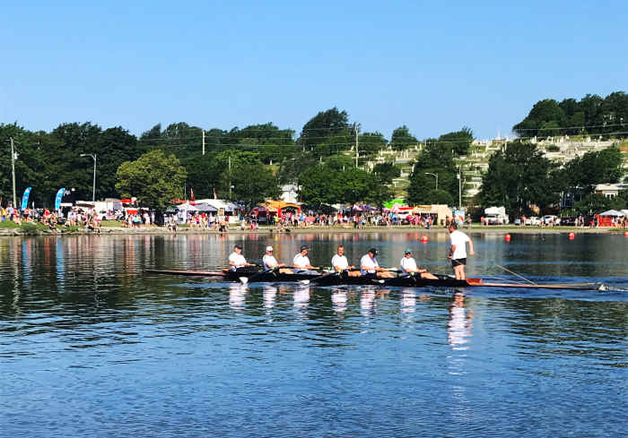 A crew getting into starting position for one of the men's races, Royal St. John's Regatta 2018