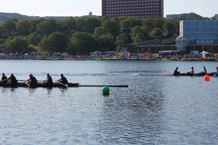 The record breaking M5 team crossing the finish line just ahead of Siobhan Duff and her record defending crew.