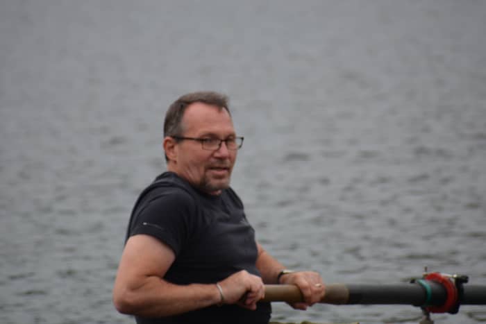 The author rowing in the "fun" regatta media race. The author, his wife Kim, and 4 other writers and journalists made up the "Writers and Nearly Dead Poets Society" crew. They came 2nd in the media race.