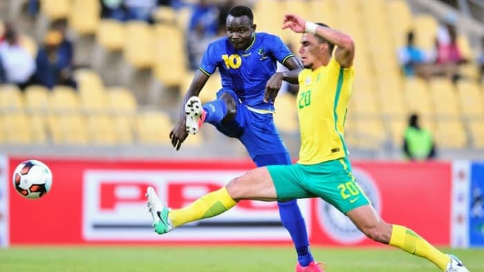 Players battle for possession during a quarterfinal of the 2017 COSAFA Cup in Rustenberg, South Africa. Tanzania upset the hosts en route to a third place finish.