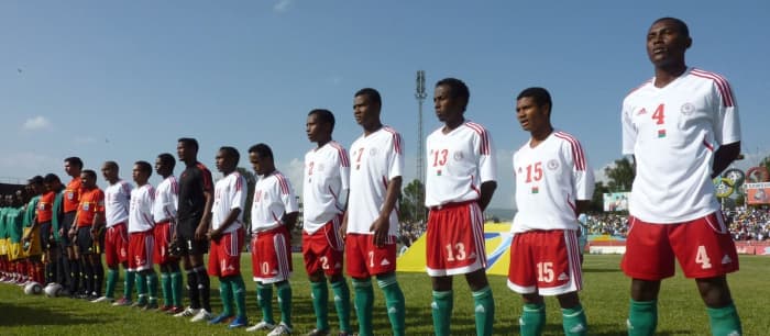Madagascar's players (white jerseys) line up ahead of a 2012 Africa Cup of Nations qualifier in Addis Ababa, Ethiopia on Oct. 8, 2011. Madagascar lost the match 4-2