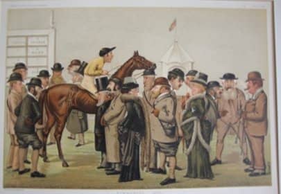 The paddock at Newmarket with Fred mounted and the Prince of Wales, bearded and in plus-fours in attendance (centre).