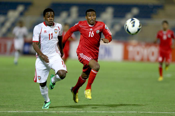 Mohamad Al-Boqsan (#10) chases for a ball with United Arab Emirates during the 2013 AFC U-22 Championship group stage match on Jan. 13, 2014 in Muscat, Oman. Boqsan would go on to be one of 23 players on Yemen's Asian Cup squad.