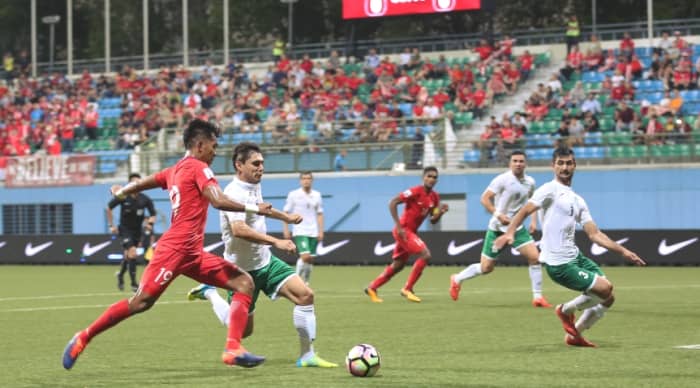 Singapore in action against Turkmenistan during a 2019 Asian Cup qualifier. Turkmenistan salvaged a draw after trailing 1-0 in the match.