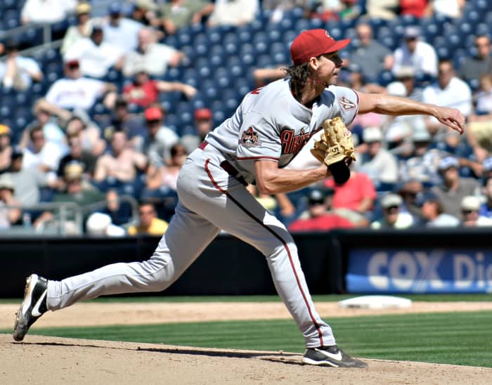 Former Arizona Diamondbacks pitcher Randy Johnson fires a pitch during the 2008 season. Johnson won four Cy Young Awards while with the Diamondbacks.