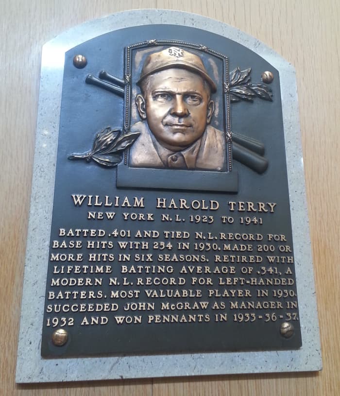 The Hall of Fame plaque of former New York Giants legend Bill Terry, as seen in the Baseball Hall of Fame.