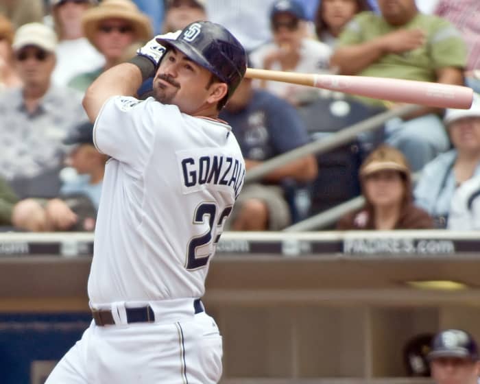 Former San Diego Padres first baseman Adrian Gonzalez bats against the Colorado Rockies during a 2008 game at Petco Park.