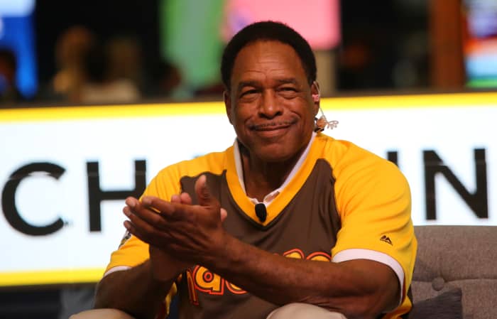 Former San Diego Padres outfielder and Hall of Famer Dave Winfield participates in an interview before the 2016 Major League Baseball All-Star Game, which was held that year in San Diego's Petco Park.