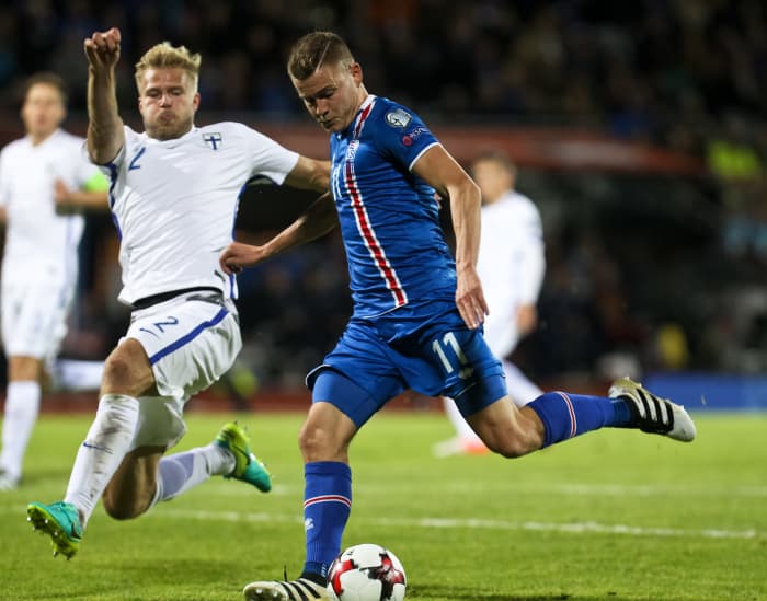 Action during a qualifying match against Finland. Iceland scored two stoppage time goals to snatch victory.